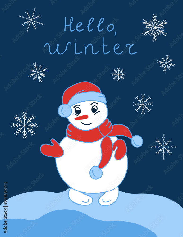 Winter poster of a snowman on a blue background in the doodle style