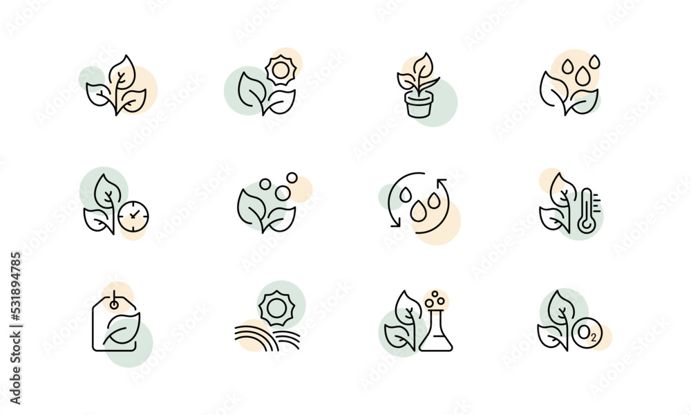Plants set icon. Gardening, garden, leaf, leaves, flower, pot, water drops, clock, grow, green, ecology, eco, temperature, thermometer, label, sun, chemistry, oxygen. Nature concept. Vector line icon Plants set icon. Gardening, garden, leaf, leaves, flower, pot, water drops, clock, grow, green, ecology, eco, temperature, thermometer, label, sun, chemistry, oxygen. Nature concept. Vector line icon