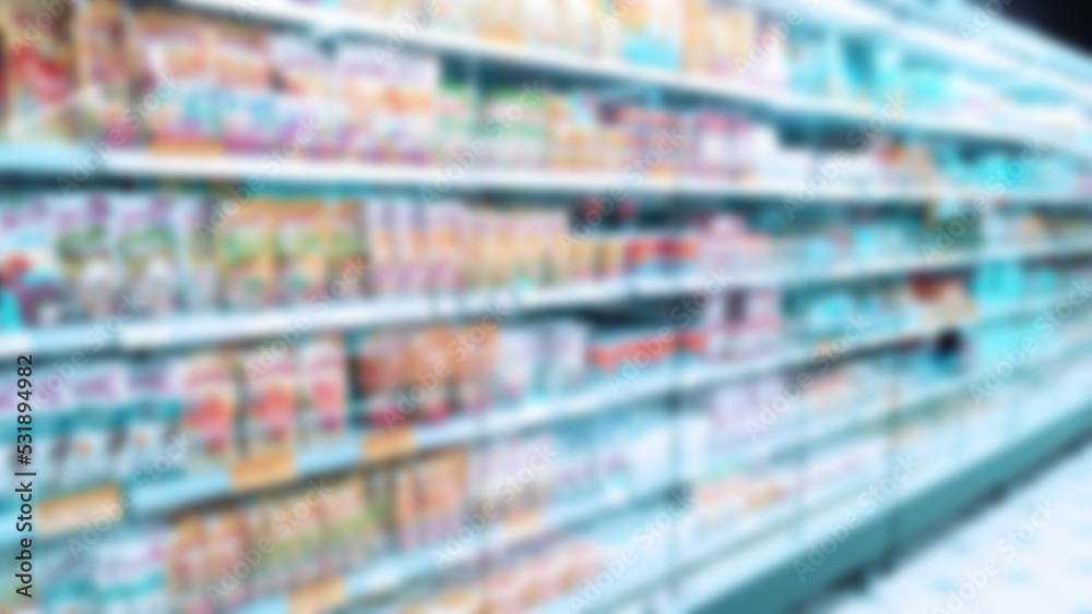 Abstract blur image of supermarket background. Defocused shelves with dairy products. Grocery store. Retail industry. Discount. Inflation and recession concept. Aisle. Consumer packaged goods. CPG.