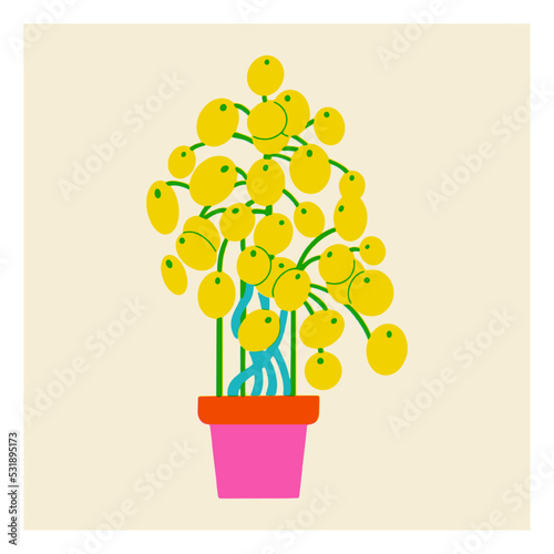 Flower in a pot. House plant icon with leaves in risograph style. Contrasting three-color vector illustration. Vector isolated drawing in vase.