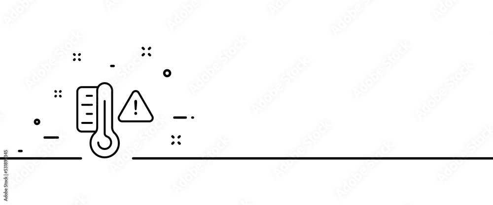 Thermometer with warning sign line icon. Kelvin, degrees, cold, climate, measure, Celsius, hot, weather conditions, seasons, measurement, Fahrenheit. Nature concept. One line style. Vector line icon Thermometer with warning sign line icon. Kelvin, degrees, cold, climate, measure, Celsius, hot, weather conditions, seasons, measurement, Fahrenheit. Nature concept. One line style. Vector line icon