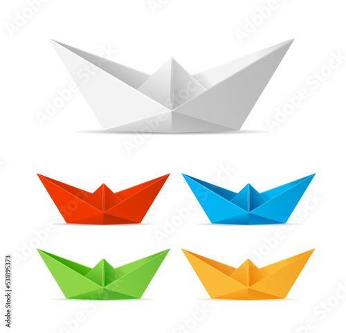Realistic Detailed 3d Color Paper Boat Set. Vector