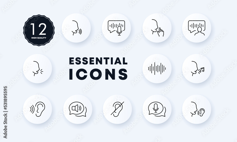 Sound set icon. Speak, ear, hear, be quiet gesture, hearing, voice massage, mail, wave, megaphone, volume, speech bubble, crossed out. Communication concept. Neomorphism style. Vector line icon - obrazy, fototapety, plakaty 