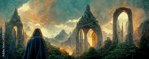 Foto Painting of an elven city during golden hour