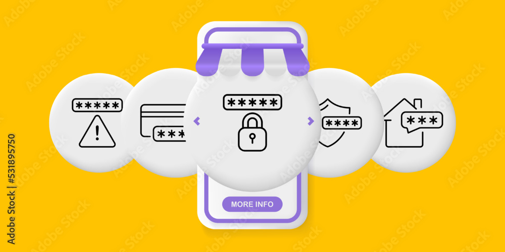 Passwords set icon. Warning sign, phone, bank card, shield, lock, graphic key, safety of personal data, pin code, keyword, private information. Privacy concept. UI phone app screens. Vector line icon Passwords set icon. Warning sign, phone, bank card, shield, lock, graphic key, safety of personal data, pin code, keyword, private information. Privacy concept. UI phone app screens. Vector line icon