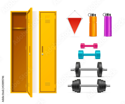 Realistic Detailed 3d Yellow Gym Locker Set. Vector