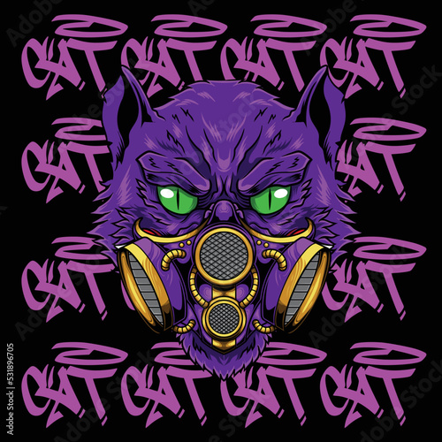 vector illustration of cat wearing gas mask