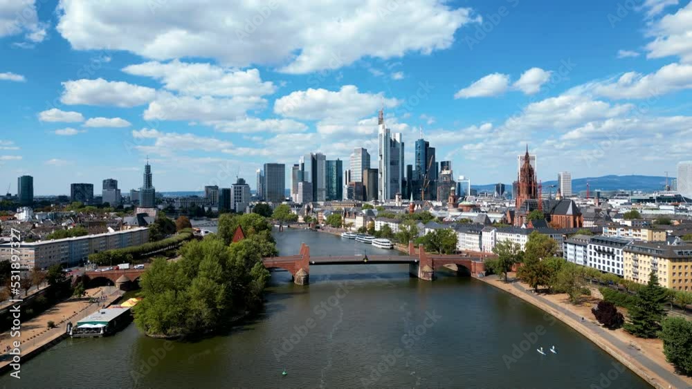 Aerial drone view of Frankfurt city, Main river and bridge, business centres and skyscrapers, Germany