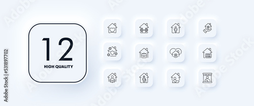 Home life set icon. Quarantine, stay, briefcase, heart, barbell, courier, sport, incubation period, virus protection, laptop, remote work, read book. Domesticity concept. Neomorphism. Vector line icon