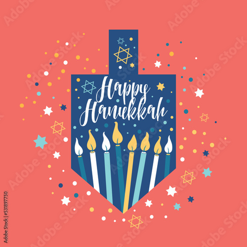 Happy Hanukkah, Jewish Festival of Lights greeting card with Chanukah symbols dreidels, spinning top, lettering, menorah candles, star David. Vector. Happy hanukkah in Hebrew.