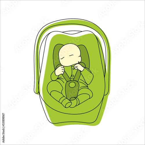 Baby in car seat. Newborn, Infant, Baby seat, Group 0+. Safety in the car. Child strapped into the car. Cute flat vector illustration.