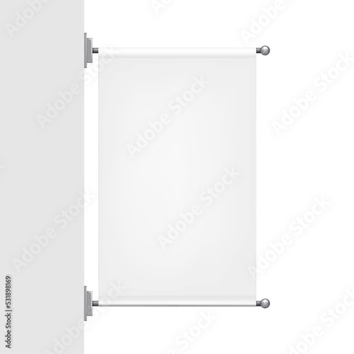 White blank wall mounted banner with two pole sleeves realistic vector mock-up. Outdoor sign mockup. Empty signboard template for design