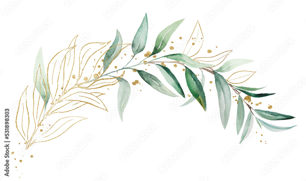 Geometric golden bouquet made of green watercolor eucalyptus leaves, wedding illustration