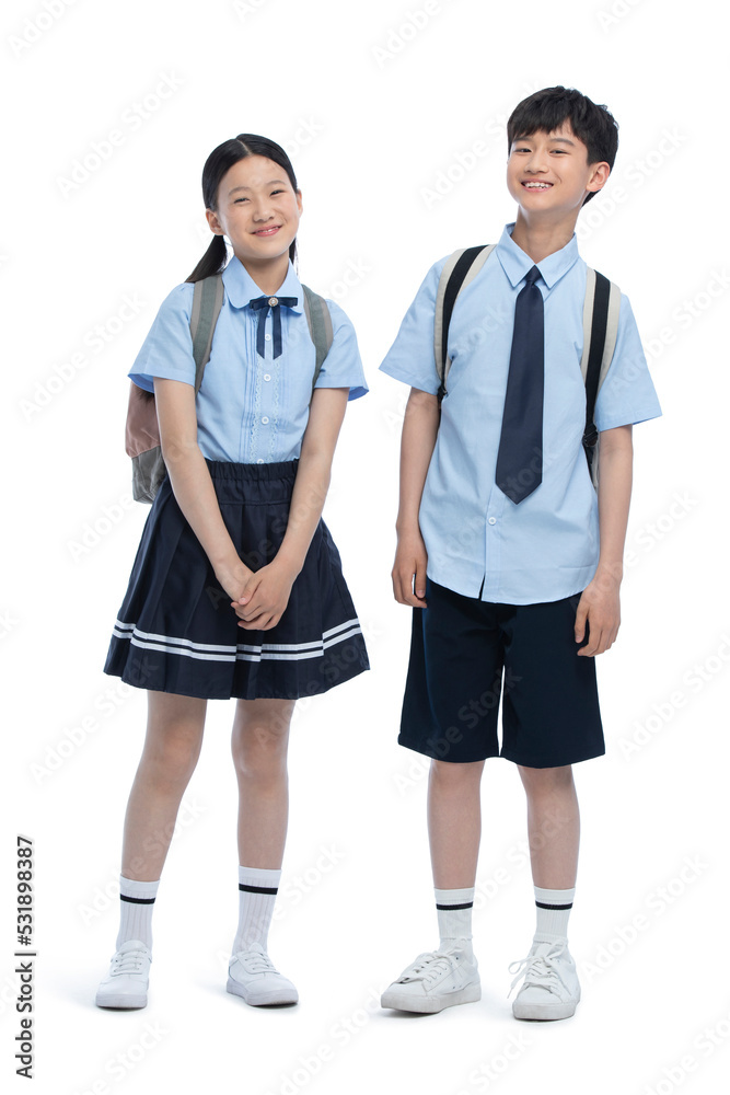 Portrait of cheerful schoolboy and schoolgirl Portrait of cheerful schoolboy and schoolgirl