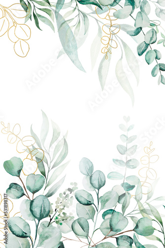 Background borders made of green watercolor eucalyptus leaves, wedding illustration