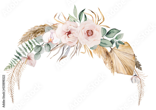 Boho Wedding Watercolor wreath with beige and green tropical leaves and orchid flowers illustration photo