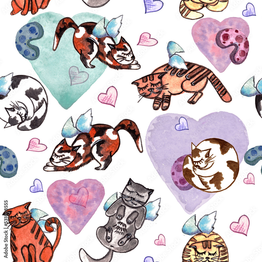 Hand drawn watercolor Valentines seamless pattern with sleeping cats and colored hearts.Valentines day , birthday patterns.