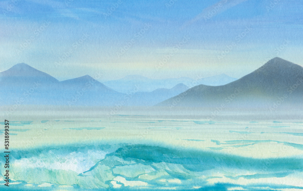 Abstract sea landscape. Watercolor painted mountains and the sea with a wave in the foreground.