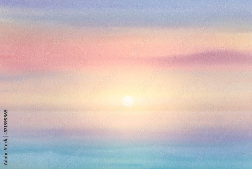 Abstract background drawn with a brush on paper. The setting sun over the horizon. Bright sky and watercolor.