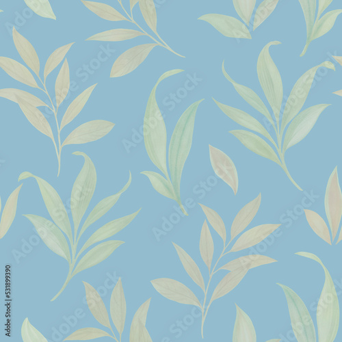 Seamless botanical pattern for design. Delicate watercolor leaves on a blue background.