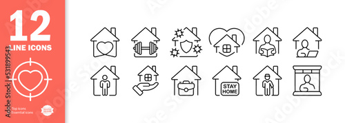 Home life set icon. Quarantine, sport, barbell, remote work, courier, stay, briefcase, incubation period, laptop, read book, virus protection, heart. Domesticity concept. Vector line icon for Business