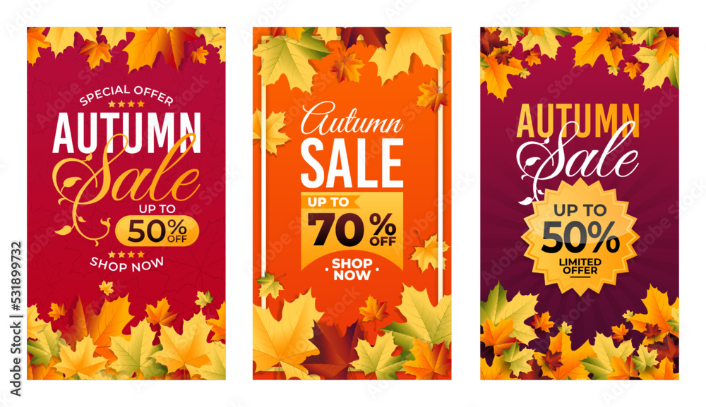 Autumn Sale Background, set of abstract backgrounds with leave frame, autumn sale, banner, posters, cover design templates, social media wallpaper stories