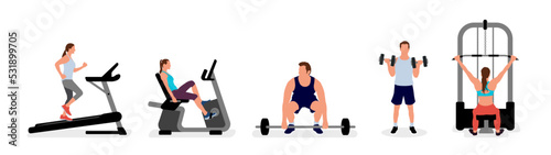 People working out at the gym. Vector illustration set.