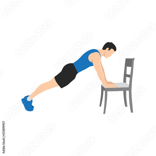 Man doing Incline plank on chair exercise. Flat vector illustration isolated on white background