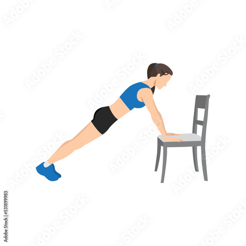 Basic RGBWoman doing Incline plank on chair exercise. Flat vector illustration isolated on white background