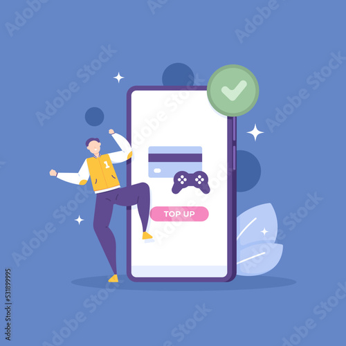 top up or refill funds. online payment transaction system. a male user recharges or adds balance to his account using a mobile application or website. safe. concept illustration design. element