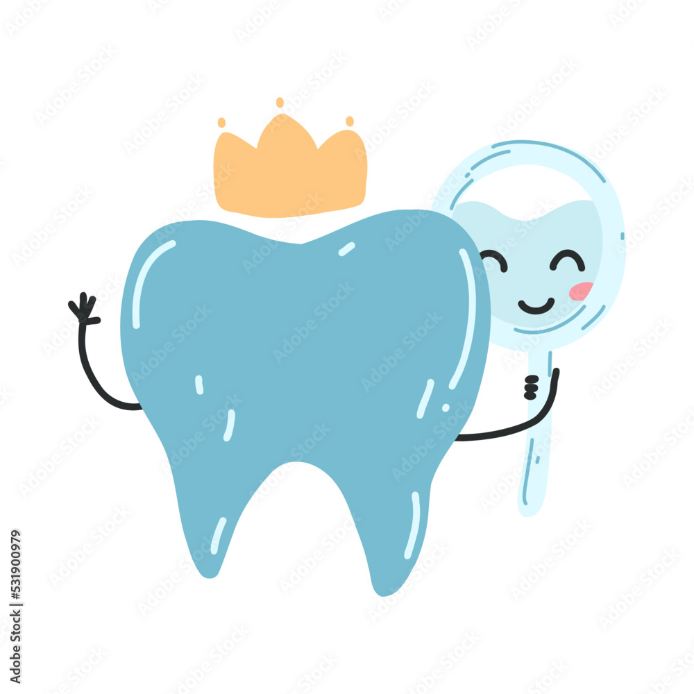 Hand drawn kawaii tooth character looks in the mirror. Vector illustration of clean healthy teeth with crown, dental care concept, oral hygiene Hand drawn kawaii tooth character looks in the mirror. Vector illustration of clean healthy teeth with crown, dental care concept, oral hygiene