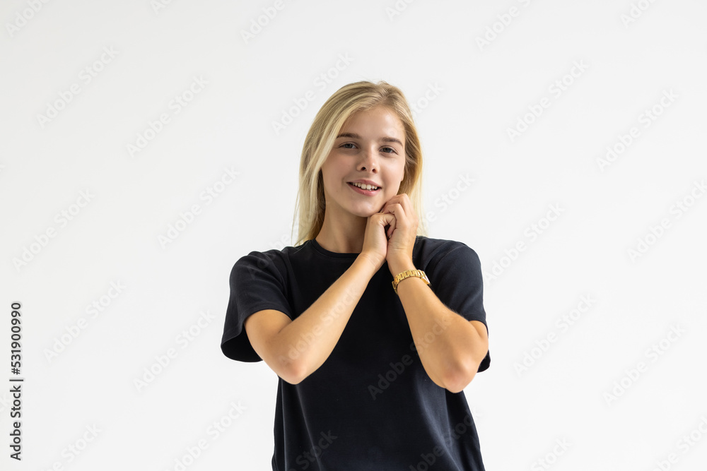 Portrait of a pretty smiling woman posing on a white background Portrait of a pretty smiling woman posing on a white background