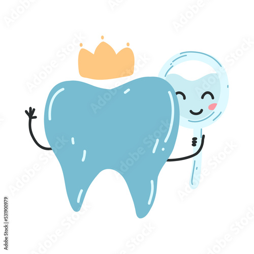 Hand drawn kawaii tooth character looks in the mirror. Vector illustration of clean healthy teeth with crown, dental care concept, oral hygiene