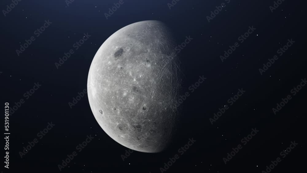 Cinematic move of Moon in Space with bright and dark areas on stars background. Cinematic move of Moon in Space with bright and dark areas on stars background.