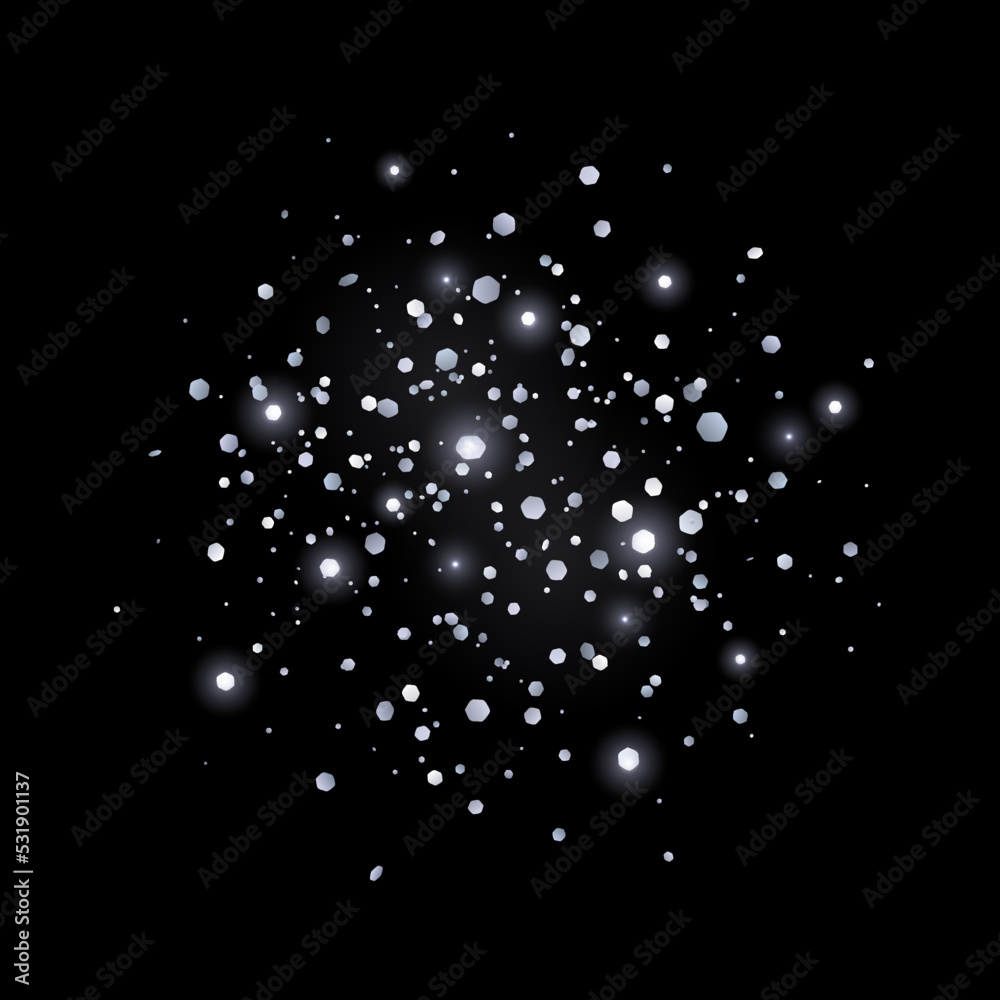 Placer silver glitter confetti with lights on black background. Vector