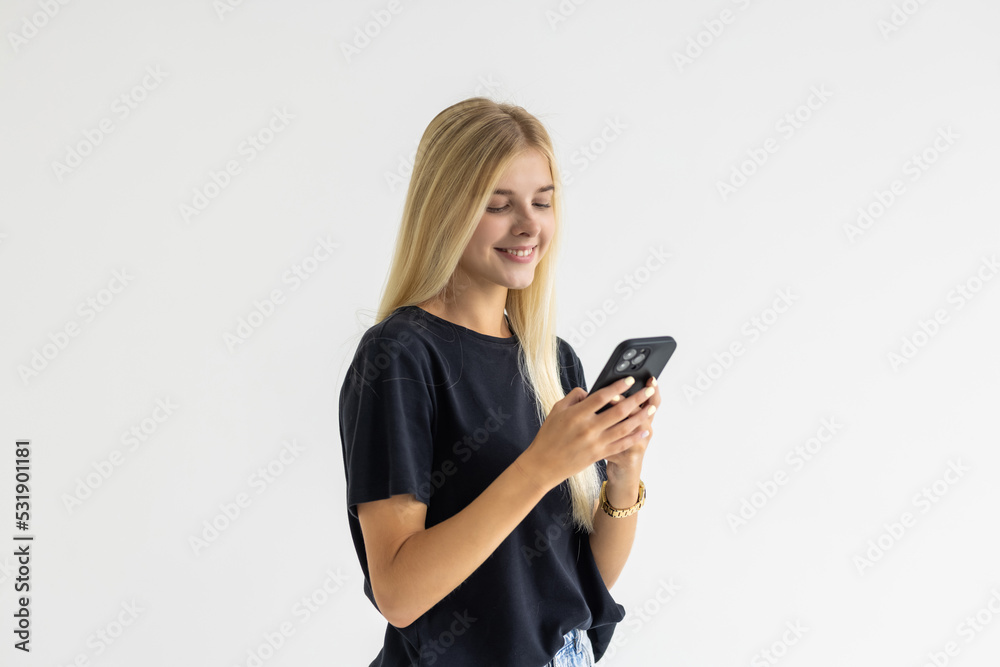 Portrait of a happy businesswoman using mobile phone isolated over white background Portrait of a happy businesswoman using mobile phone isolated over white background