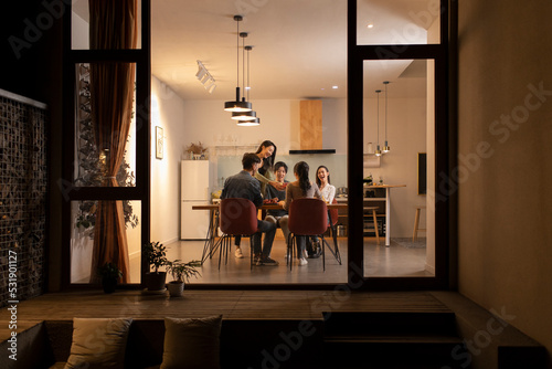 Young friends dining together at home