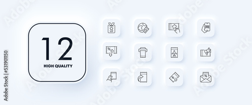Tickets set icon. Travel, worldwide, discount coupon, star, vip client, leter, email, digital, share, print, cash register, Business Class. Entertainment. Neomorphism. Vector line icon for Business