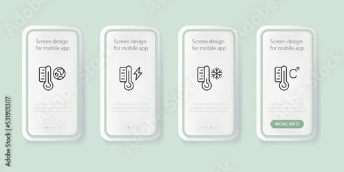Thermometer set icon. four thermometers with different temperatures. Celsius, cold, heat, body and room temperature. Health care concept. UI phone app screens. Vector line icon for Business