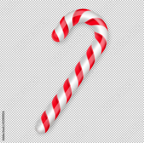 Christmas candy cane. Christmas stick. Traditional realistic xmas candy and red, white stripes. Santa caramel cane on transparent background. Vector illustration