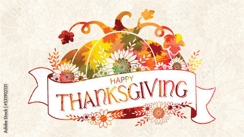 Fall pumpkin, hand drawn floral elements with a Happy Thanksgiving ribbon. Happy Thanksgiving flag or banner for social media in elegant festive autumn colors. Autumn scene