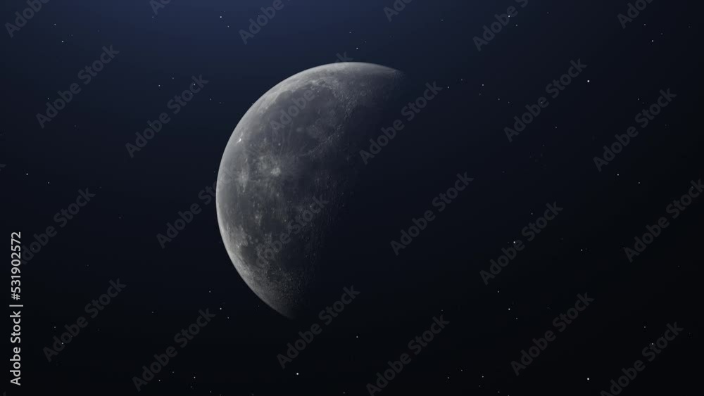 Cinematic move of Moon in Space with bright and dark areas on stars background. Cinematic move of Moon in Space with bright and dark areas on stars background.