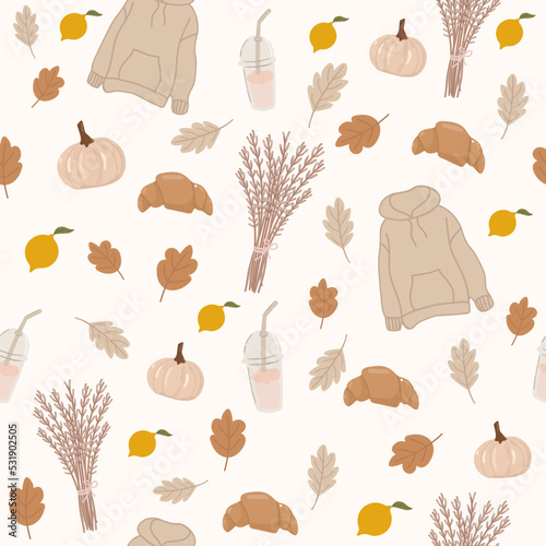 Seamless pattern with pumpkins, croissants, coffee, hoodie, lemon and autumn leaves. Perfect for wallpaper, gift paper, template filling, web page background, autumn greeting cards.Vector illustration