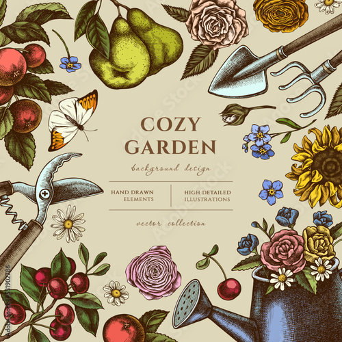 Gardening hand drawn illustration design. Background with retro watering can, apples, cherry, pears, shovel, rake, secateurs, chamomile, sunflower, forget me not flower, ranunculus, great orange-tip