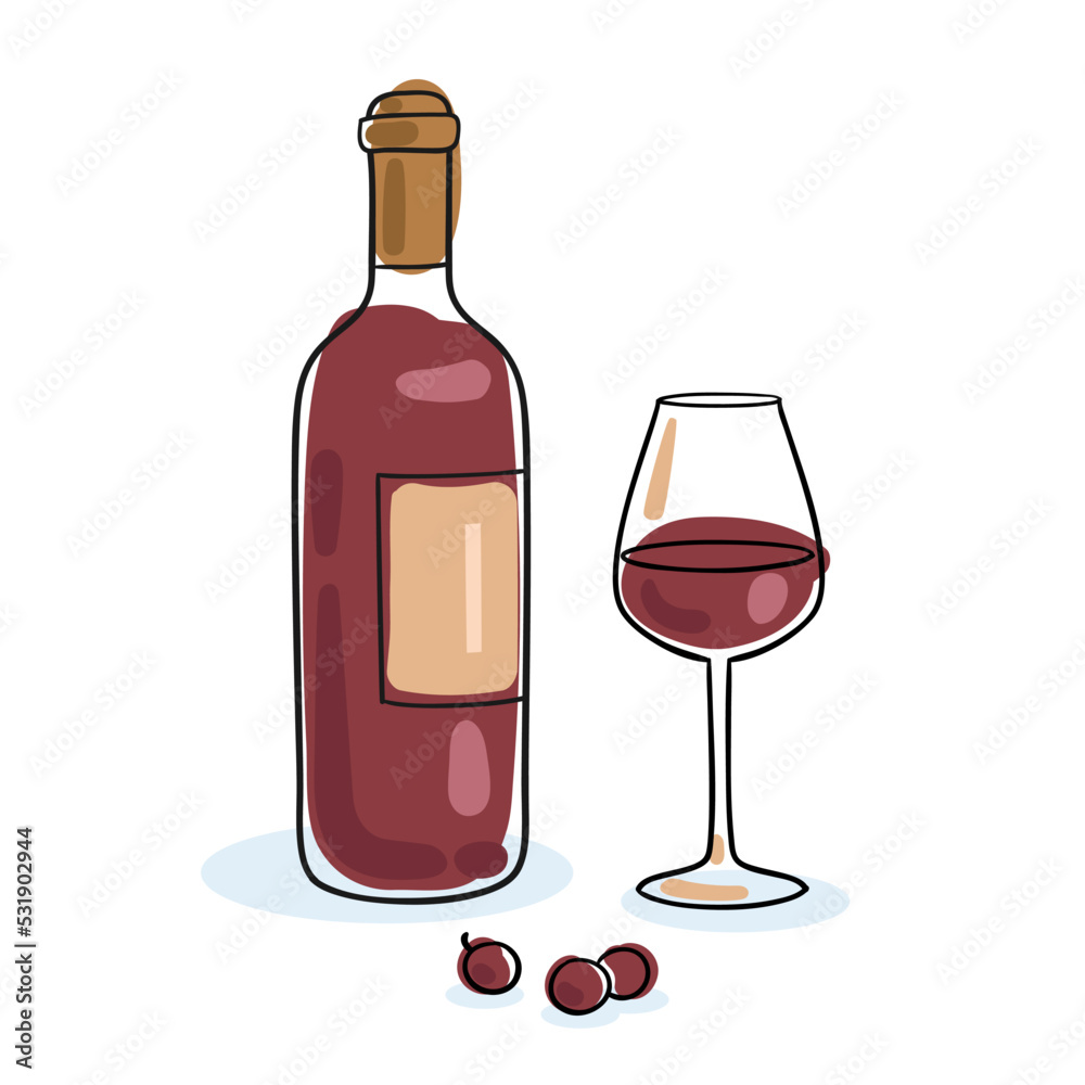 Bottle of red wine and wine glass. Picture in line style. Black contour with colored spots. Isolated on white background. Vector flat illustration. Bottle of red wine and wine glass. Picture in line style. Black contour with colored spots. Isolated on white background. Vector flat illustration.