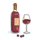 Bottle of red wine and wine glass. Picture in line style. Black contour with colored spots. Isolated on white background. Vector flat illustration.
