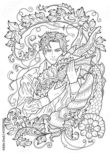 Line art manga style illustration with fantasy dragon and hero man or prince isolated on white