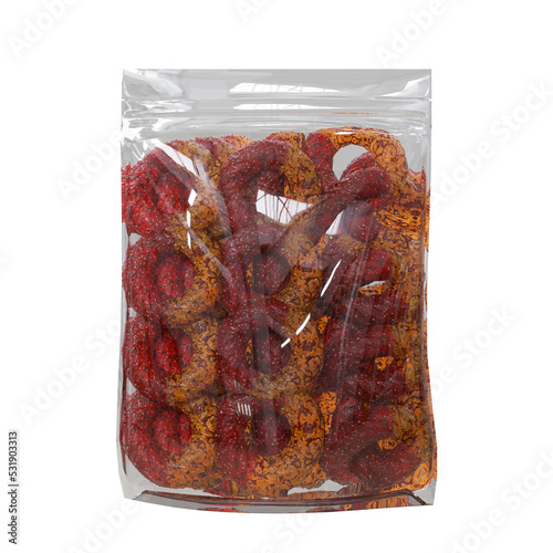 Spicy-Chili chamoy gummy peach rings in transparent pouch high quality details, 3d rendering photo