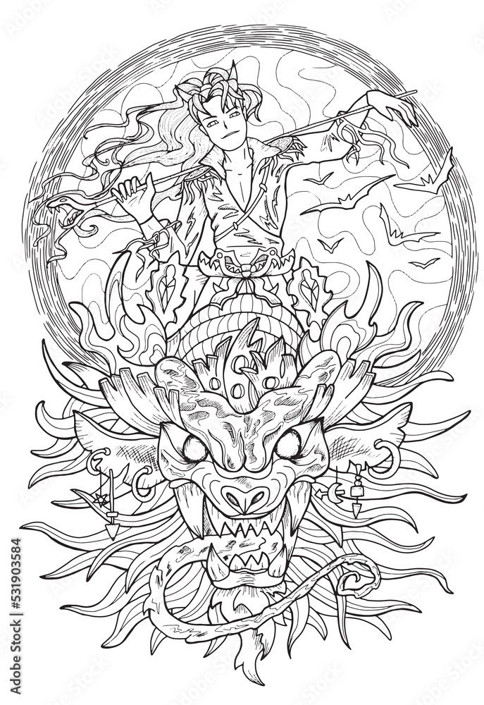 Line art manga style illustration with fantasy dragon and hero man or prince isolated on white Line art manga style illustration with fantasy dragon and hero man or prince isolated on white