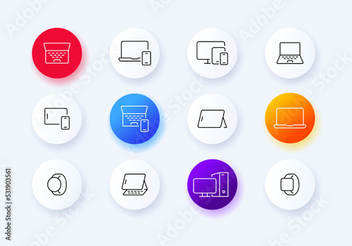 Smart devices set icon. Band, laptop view from above, PC, fitness bracelet, user, smart watch, desktop computer, tracker, stand, gadget, tablet phone. Technology concept. Neomorphism. Vector line icon